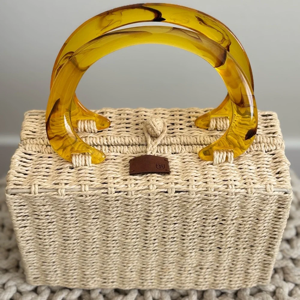 Stylish Tan Woven Bag with Yellow Handles - Picture 2 of 4